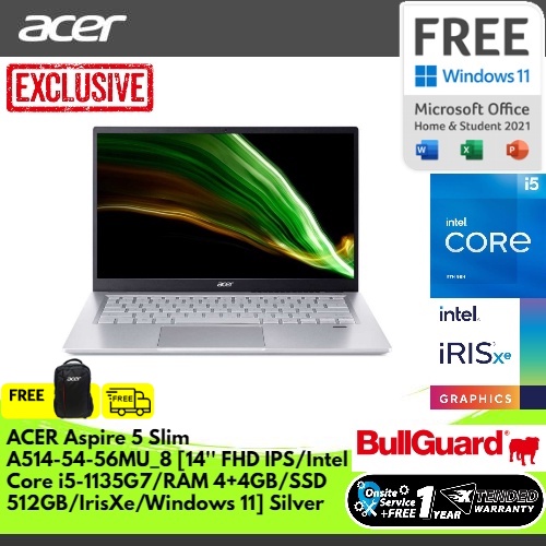 ACER ASPIRE 5 SLIM A514-54-56MU_8 [14   FHD IPS/INTEL CORE i5-1135G7/RAM 2X4GB/SSD 512GB/IRISXE/WINDOWS 11+OHS] SILVER NX.A28SN.006