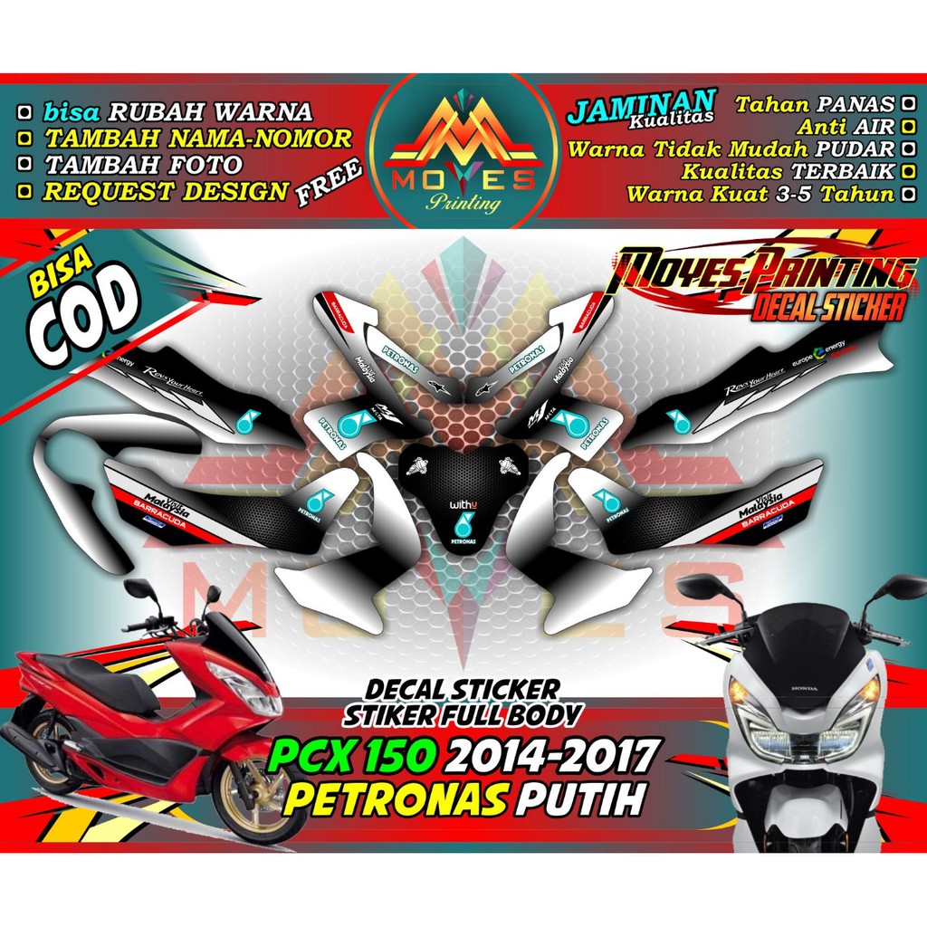 Tahan Lama Dan Awet - Stiker Decal Fullbody Motor PCX 150 Decal Stiker Variasi Petronas Putih