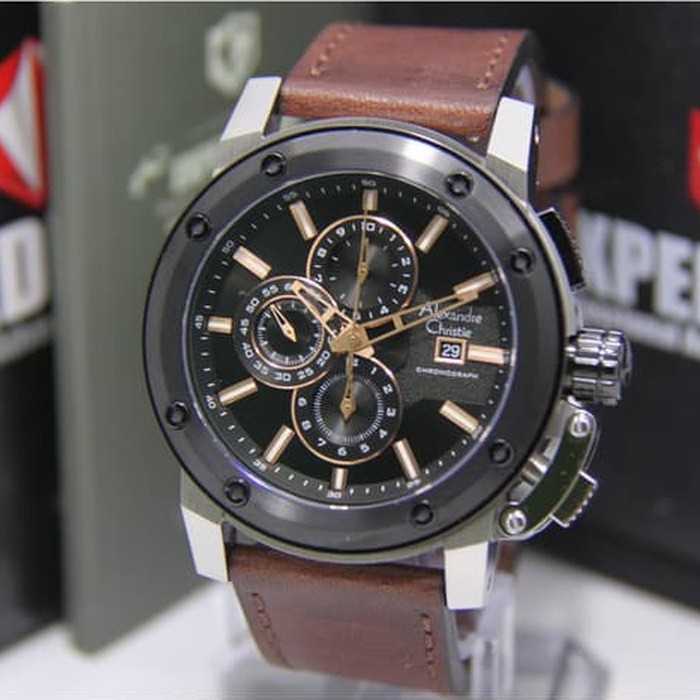 Jam Tangan Pria Alexandre Christie AC 6519 Rose Gold Hitam Original