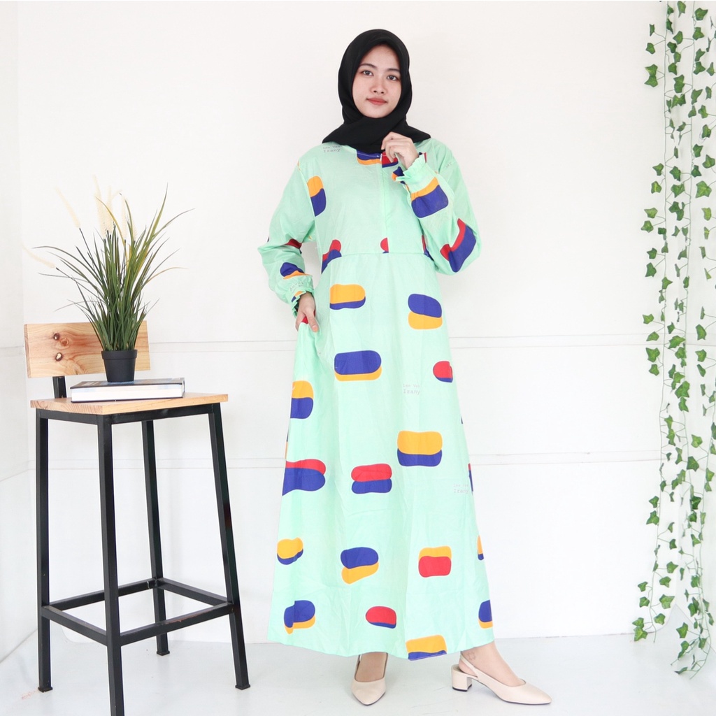 IZANY GAMIS / Dress Muslim XXL Jumbo Lengan Kancing Banyak Motif-OVAL GREEN