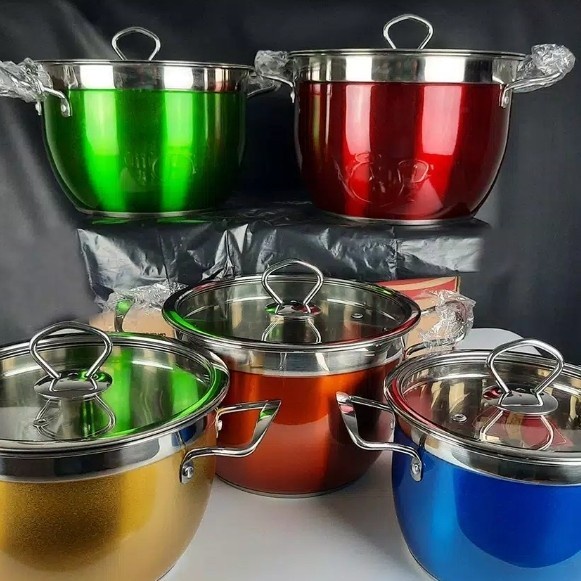 Panci Korea Set Warna Warni Korean High Pot 10 in 1 Tutup Kaca Perlengkapan Masak Dapur Rumah Stainless Steel Serbaguna Sauce Steam Boil Cookware