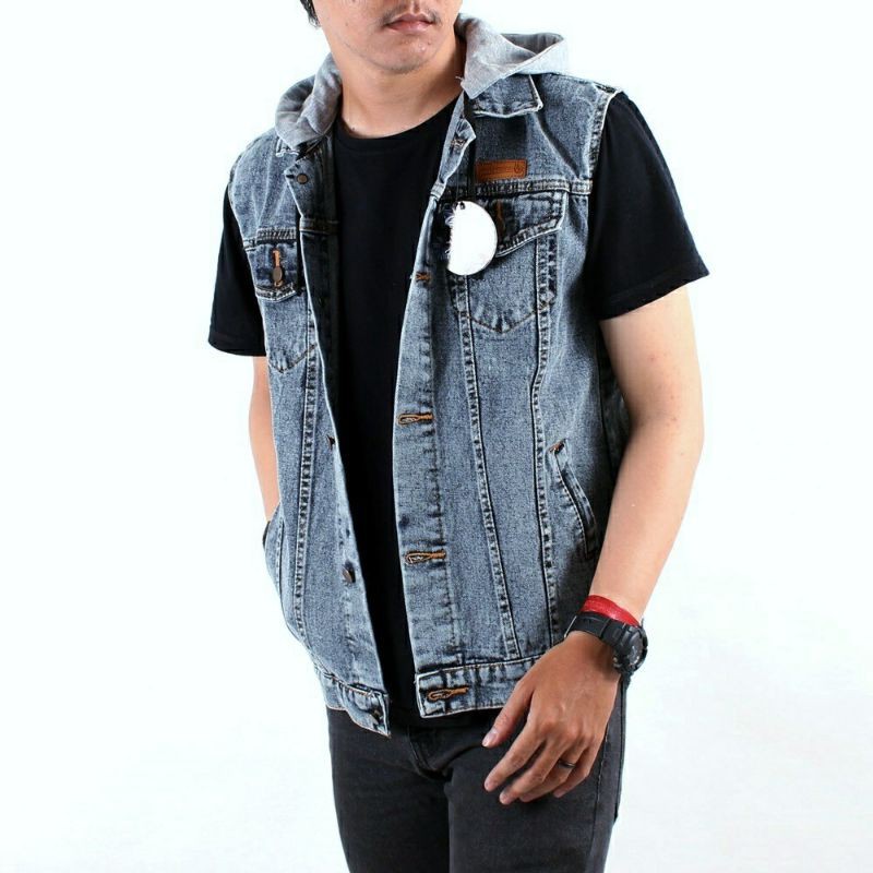 Rompi hoodie jeans denim pria cowok kekinian terbaru