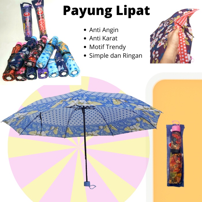 Payung Lipat Premium Kuat Kokoh Anti Angin Anti Karat Rangka Hitam - Payung Lipat 3 Motif Variasi Kembang Kotak Kualitas Bagus