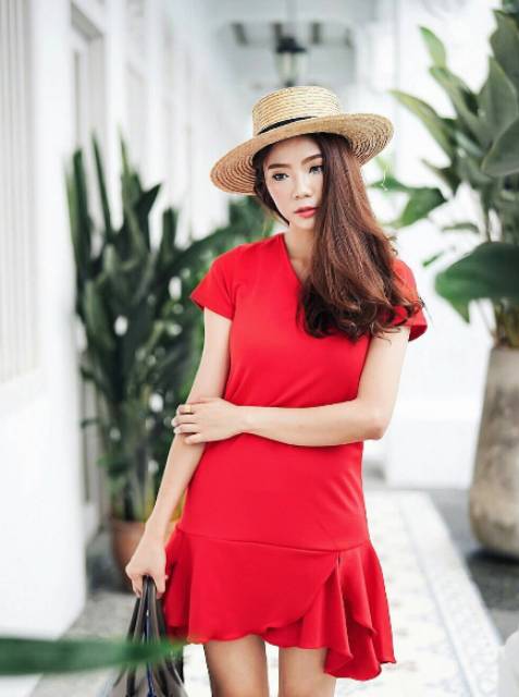 DRESS MERAH SCUBA CHLOEBEAUTYSHOP