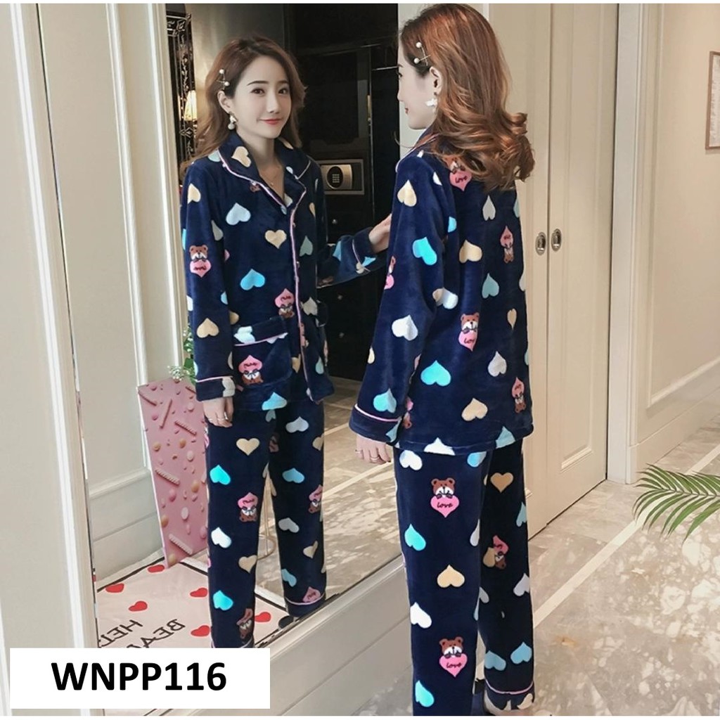 Piyama Wanita Baju Tidur Wanita Kancing Depan Love Colourful Navy - WNPP116