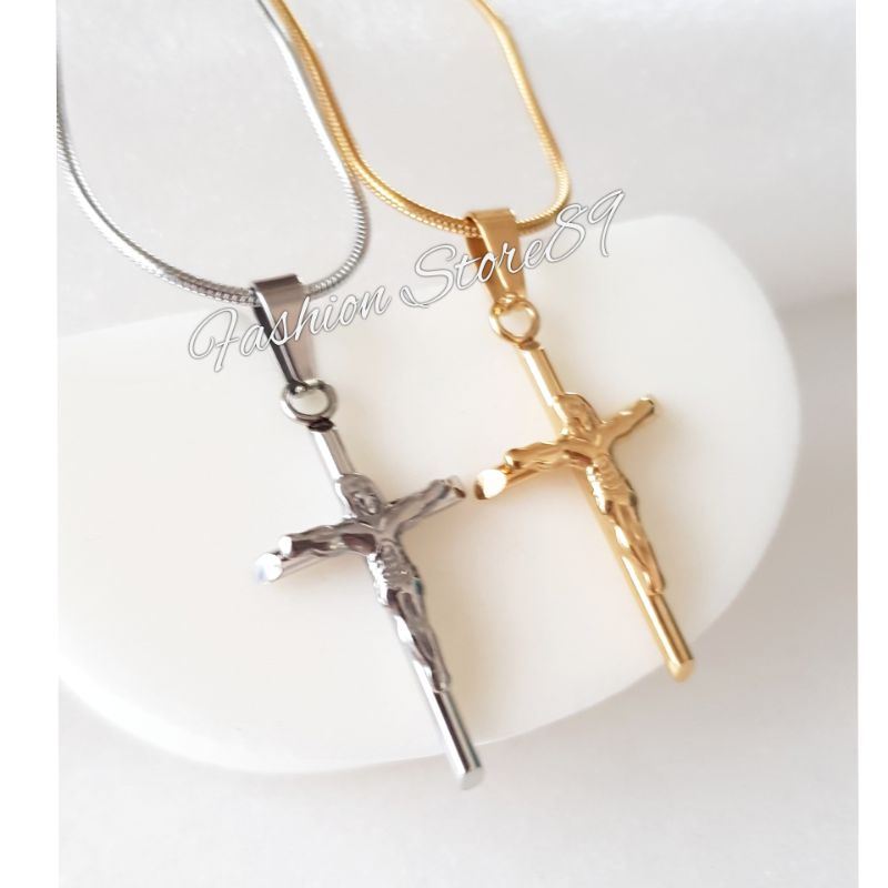 Kalung Salib Jesus Titanium Silver Gold Premium Antikarat Fashion Rohani Kalung Titanium Salib Antikarat