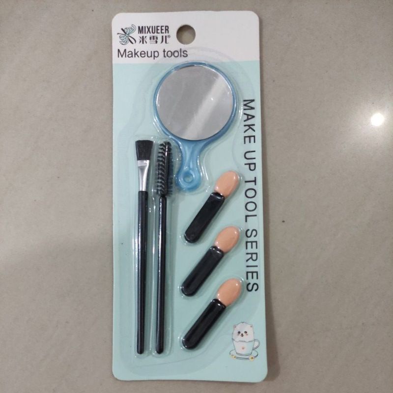 [6in1] Beauty Eye Make Up Tool Set + KACA - Set Kecantikan Mata Kuas Brush Eyeshadow Sponge / Spons / Sisir Alis