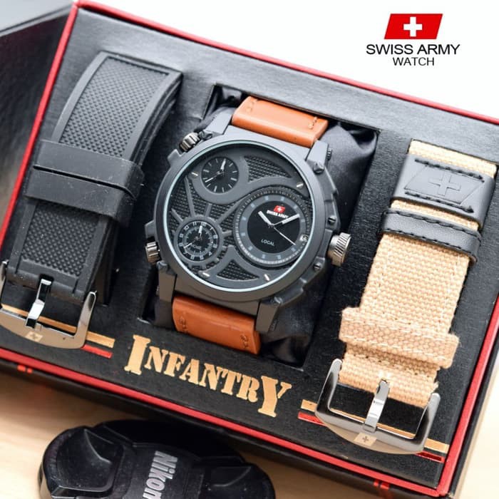 jam tangan SWI SS ARMY INFANTRY BLACK COKLAT SET PRIA MAN STYLE