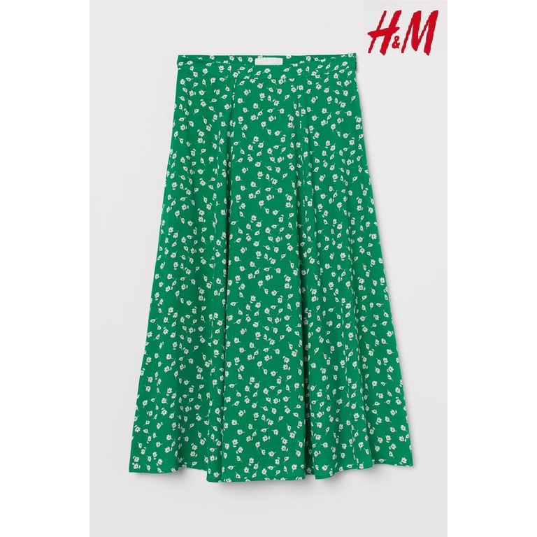 H&M High Waisted Rok Wanita Green Flower Korean Midi Skirt Original-1
