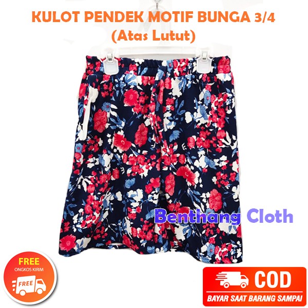 COD Kulot Wanita Pendek WAFEL CREPE Motif BUNGA 3/4 (Atas Lutut)