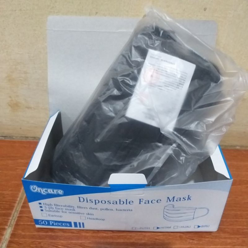 Masker earloop Hitam 3ply  (Full black), Hrg 1box isi 50pcs