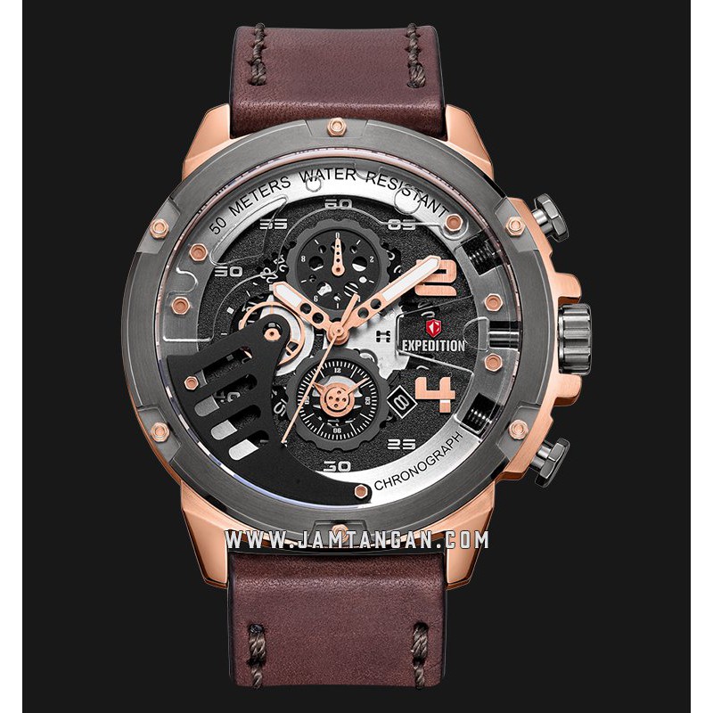 Expedition E 6700 MC LGRBA Chronograph Men Black Dial Brown Leather Strap