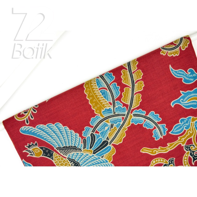 KAIN BATIK KATUN Premium Motif Burung Warna Merah Kuning Biru 727554 Cap 72 Jarik Jarit Samping Kebat Panjang Batik Katun Modern Premium Bahan Seragam Batik Pernikahan Kantor Keluarga Murah Kamen Jadi Batik Bali Lembaran