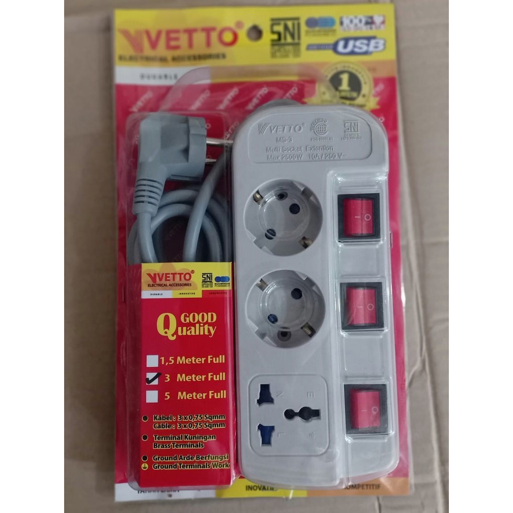 Stop Kontak VETTO MS-3 MS3 (3 Lubang) Multi Socket Varian 3 Meter dan 1.5 Meter (Colokan 3 Lubang)