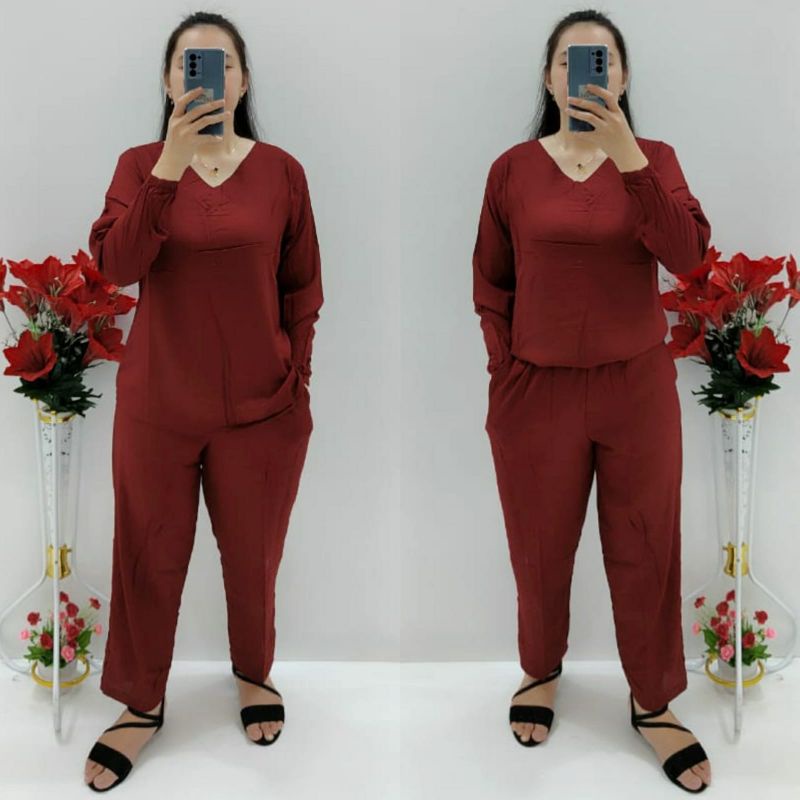 CNC - Stelan Baju Wanita Terbaru/Stelan Lengan Panjang PP Rayon Polos V Standar Dan Jumbo