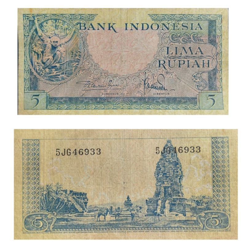 Uang Kuno Indonesia 5 Rupiah series Hewan Kera Monyet tahun 1957 Kondisi AXF Renyah Utuh Dijamin Ori