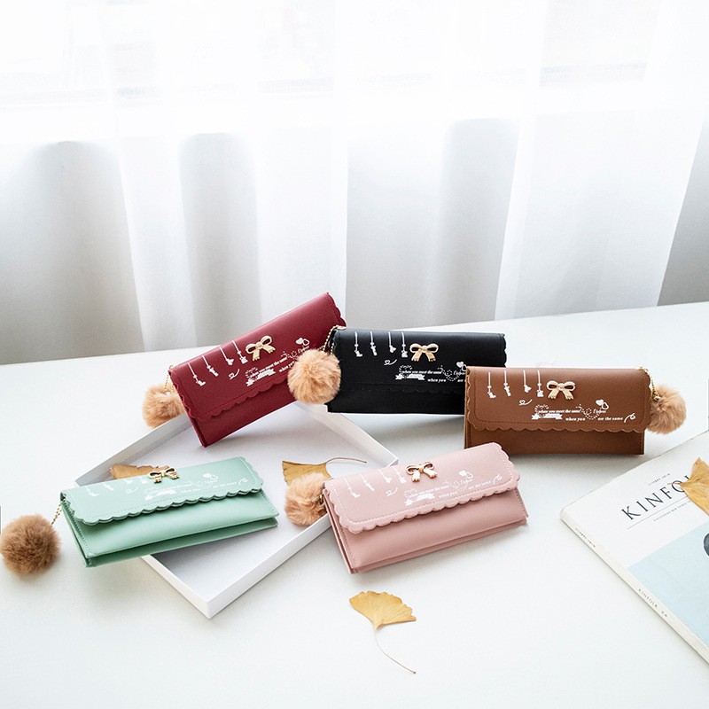 DOMPET PANJANG LIPAT WANITA FREE POM-POM WOMEN WALLET KOREAN STYLE TERLARIS MURAHACC FASHION MURAH
