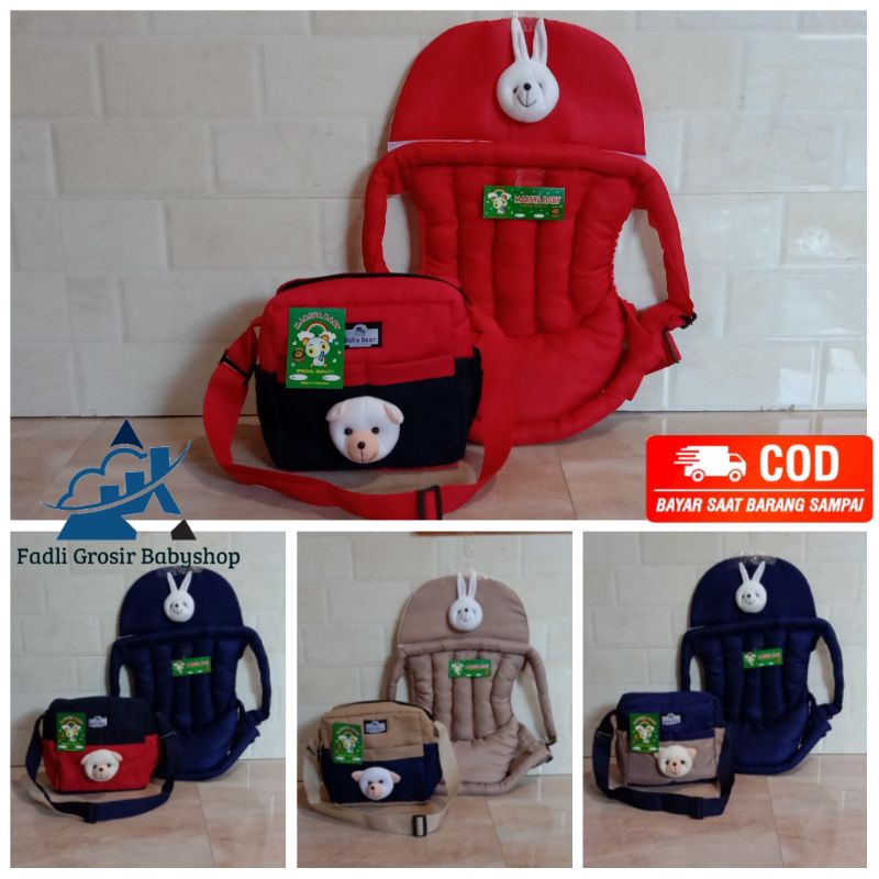 Paket Hemat ( 2 In 1 ) Tas Bayi Boneka Beruang Dan Gendongan Bayi Depan Topi Boneka Kelinci