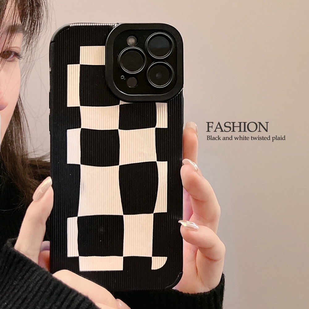 IPHONE Klasik Hitam Kotak-Kotak Tidak Teratur Lensa Kamera Perlindungan Penuh Casing Ponsel Untuk Iphone7 8 PLUS X XR XS 11 12 13 14 MINI PRO MAX SE 2020 Soft Cover