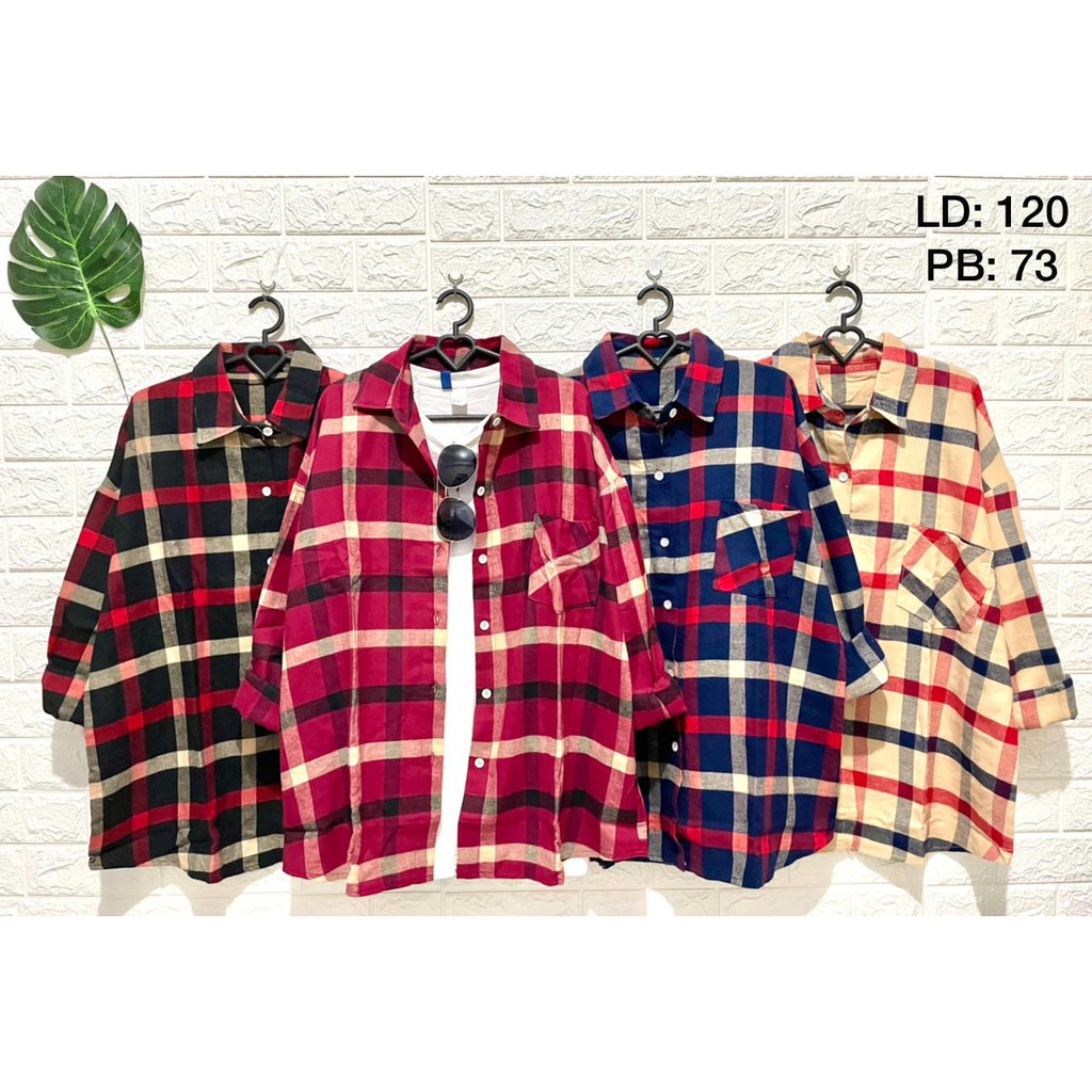 Atasan Tunik kerah Kancing depan hidup motif kotak kotak