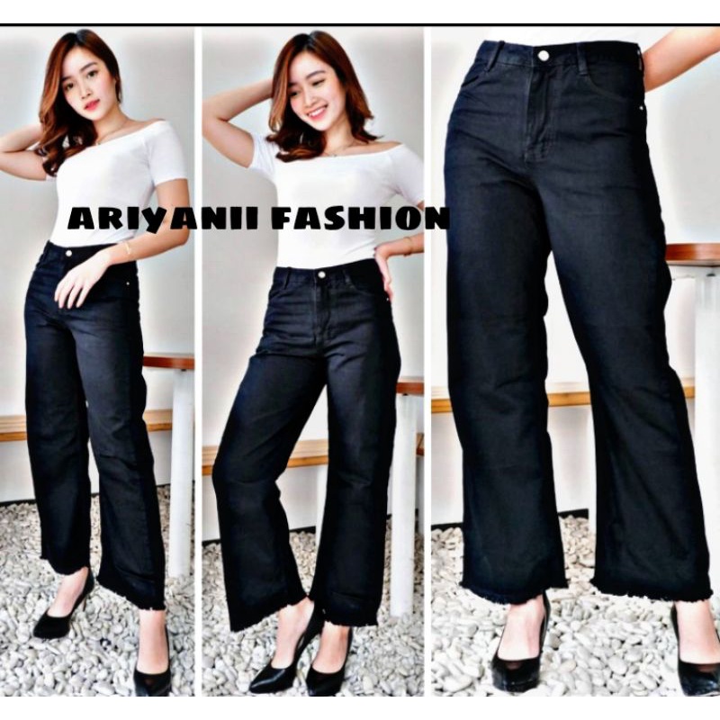 ARN - CELANA KULOT JEANS WANITA RAWIS HITAM PUTIH HIGHWAIST PANJANG DENIM MURAH CASUAL Korean Style