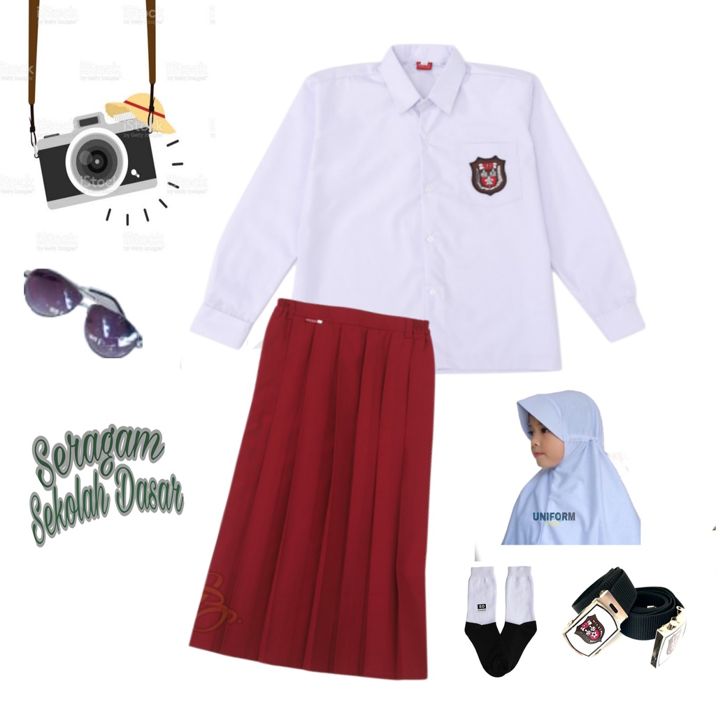 Seragam Merah Putih SD Panjang Setelan Anak Perempuan Kelas 1-6 SD Bonus Hijab Putih Anak Perempuan