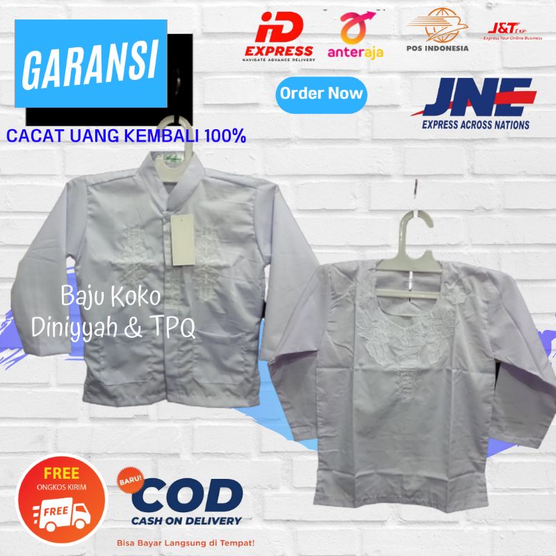 Baju Seragam Sekolah Diniyyah Baju Koko Putih Seragam TPQ warna Putih Bordir Lengan Panjang