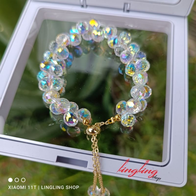Gelang kristal serut,gelang kristal serut korea,gelang kristal tali elastis free BOX-Putih serut