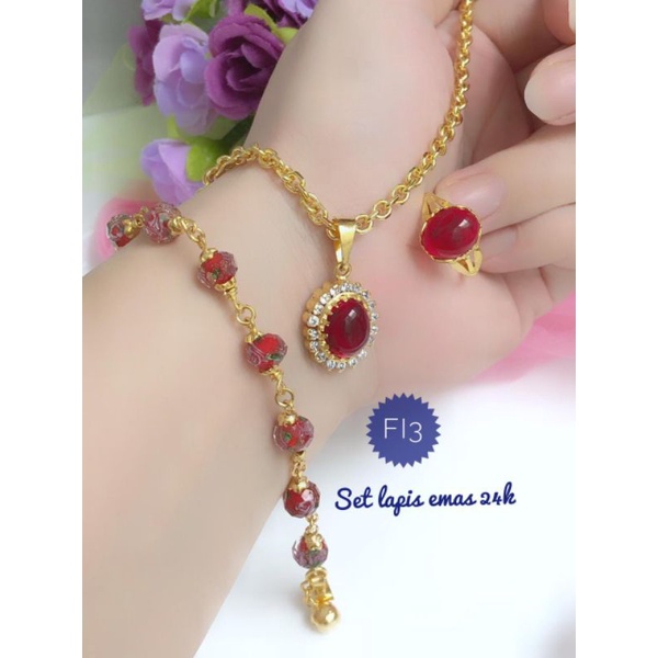 (JUL) Set Perhiasan Lapis Emas 24 Karat Xuping Gelang Kalung Cincin Batu Permata Giok Berlian Merah