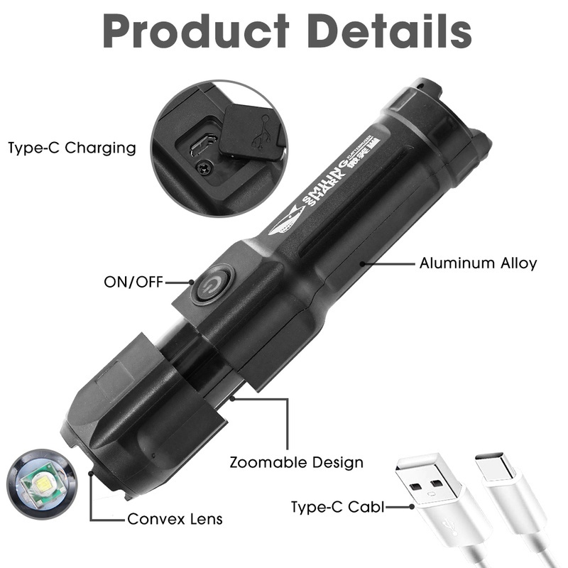 Lampu Senter Led T6 USB Rechargeable Super Terang Zoomable Untuk Camping / Hiking / Memancing / Outdoor