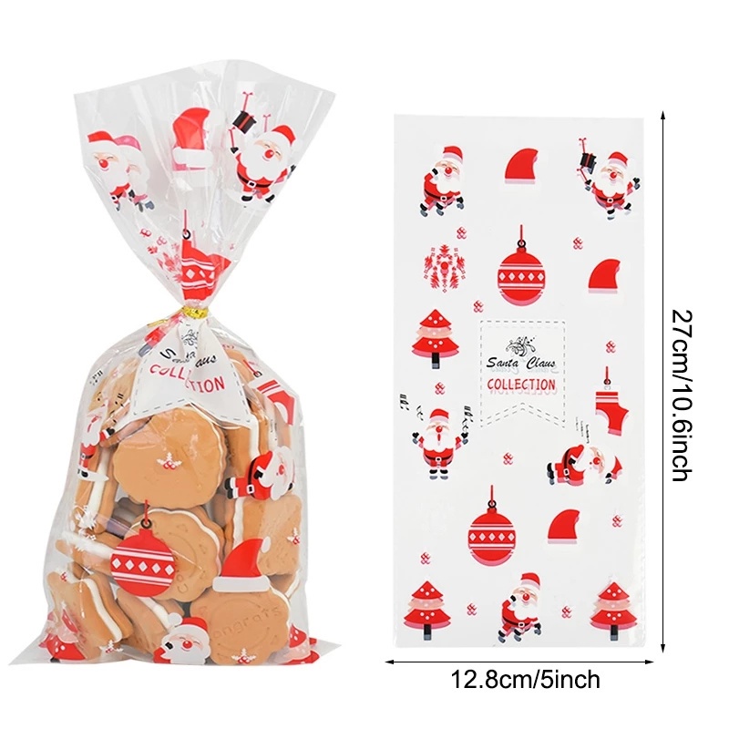 50pcs / Set Tas Pouch Permen / Snack Bahan Plastik Bening Motif Kartun Santa Claus Untuk Dekorasi Pesta Natal