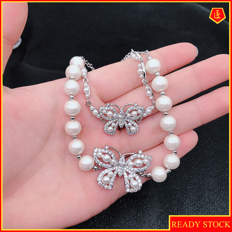 [Ready Stock]Fashion Personality Bow Pearl Bracelet Full Diamond Butterfly Bracelet