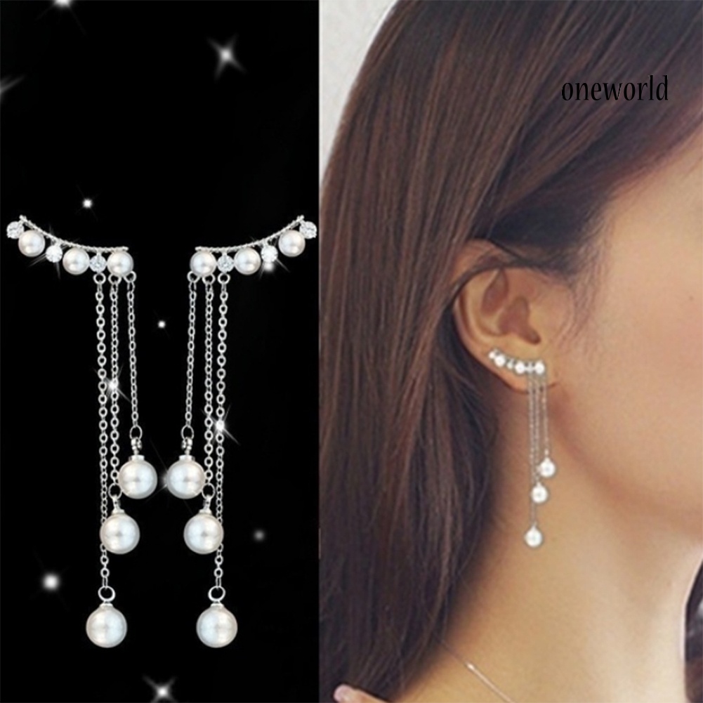 OW# Women Faux Pearls Inlaid Chain Tassel Dangle Ear Jackets Earrings Jewelry Gift