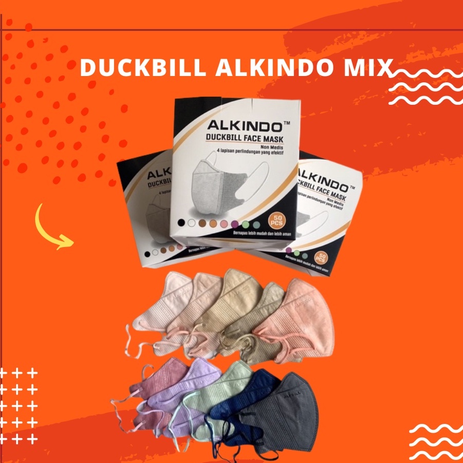 Masker Duckbill Alkindo 4 ply / Lapis Mix Warna Isi 50 pcs Mouson Asli Emboss Earloop Cantol Kuping