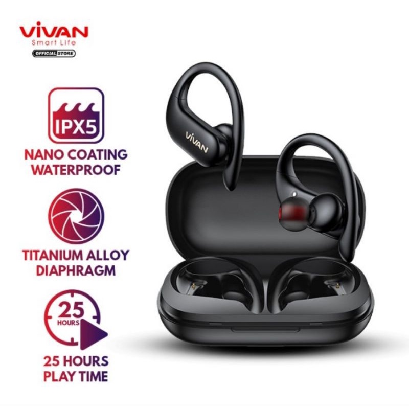 VIVAN Headset TWS Bluetooth 5.0 Waterproof IPX5 25 Hours Play Sport X