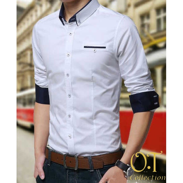 Kemeja pria [mr white VL] pakaian pria kemeja slim fit warna putih - Putih, M hitam kemeja pria polo