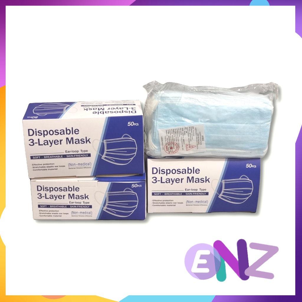 ENZ ® Masker Medis 3Ply Warna Biru Hitam Putih 3 Ply Earloop Mask Kemenkes 1005