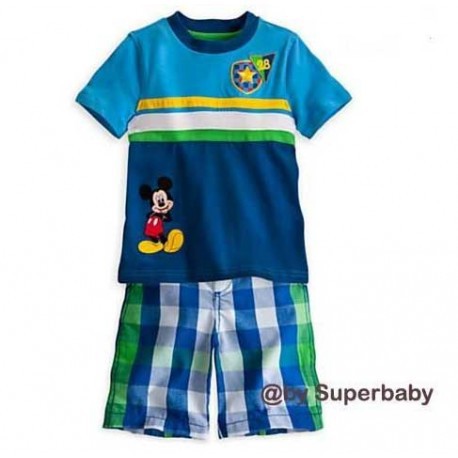 Setelan Mickey Blue Salur Kotak Stelan Anak Laki