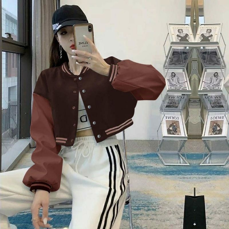 Varsity Crop Wanita Oversize Size M.L.XL| Jaket Crop Baseball Varsity Wanita Korean Style