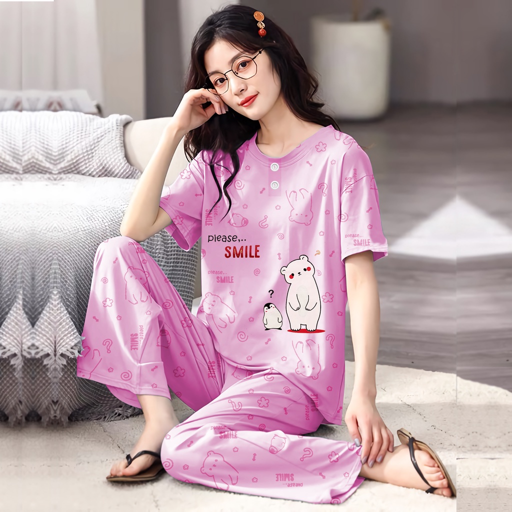 Lilipop.id  Baju Tidur Wanita CP Penguin Setelan Piyama BabyDoll Kaos Celana Panjang