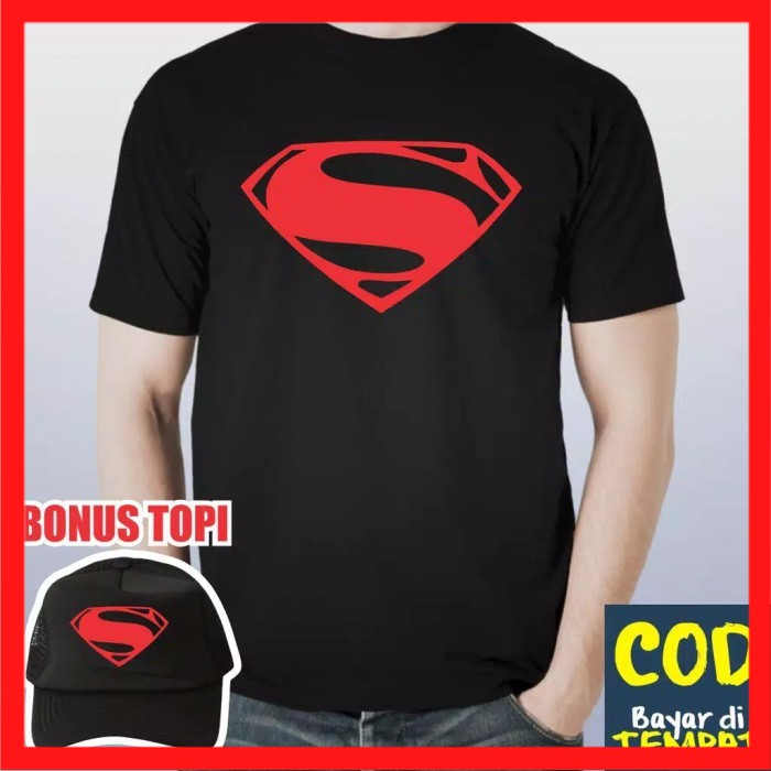 BAJU DISTRO PREMIUM SUPERMAN MERAH STEEL SABLON BESAR gratis topi hitam