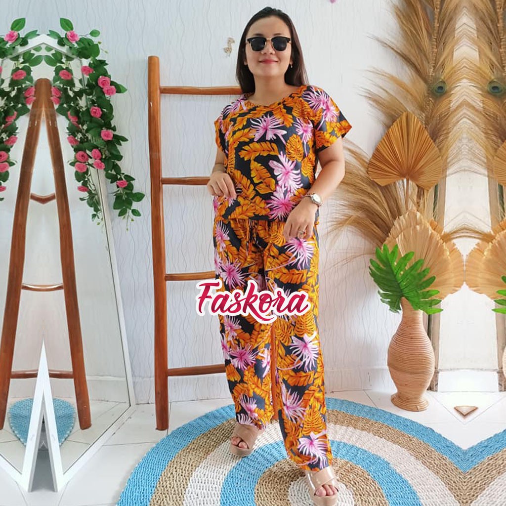 Setelan Wanita Kekinian Katun Rayon Jumbo Tropical / Pajamas Rayon Set Jumbo / Setelan Pajamas Rayon