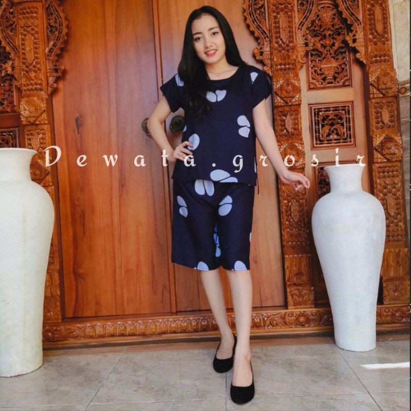 BAJU WANITA PIYAMA BAJU TIDUR SETELAN ONE SET BABYDOLL RAYON SUPER KOPI BALI ROBUSTA TERLARIS-Kopi Navy pendek
