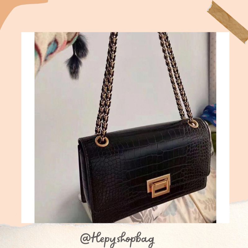 Tas Wanita Selempang Bahu Import Branded C*K Front Flap Croco Textured Chain Original Factory Outlet