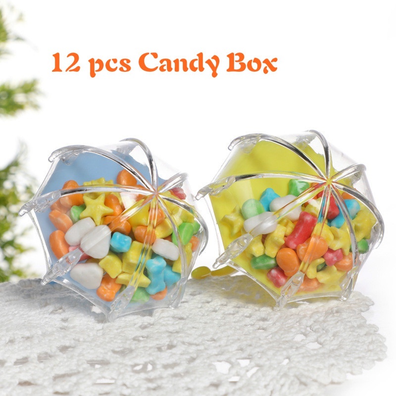 12pcs Umbrella Shape Transparent Plastic Candy Box Baby Shower Kids Birthday Party Gift Packaging Accessories