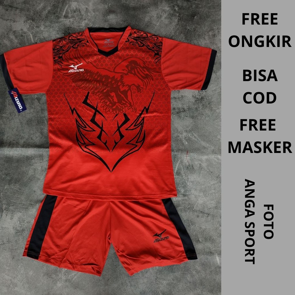 SETELAN SERAGAM JERSEY VOLLY WANITA KAOS OLAHRAGA FUTSAL PRIA BAJU BADMINTON MOTIF GARUDA MERAH