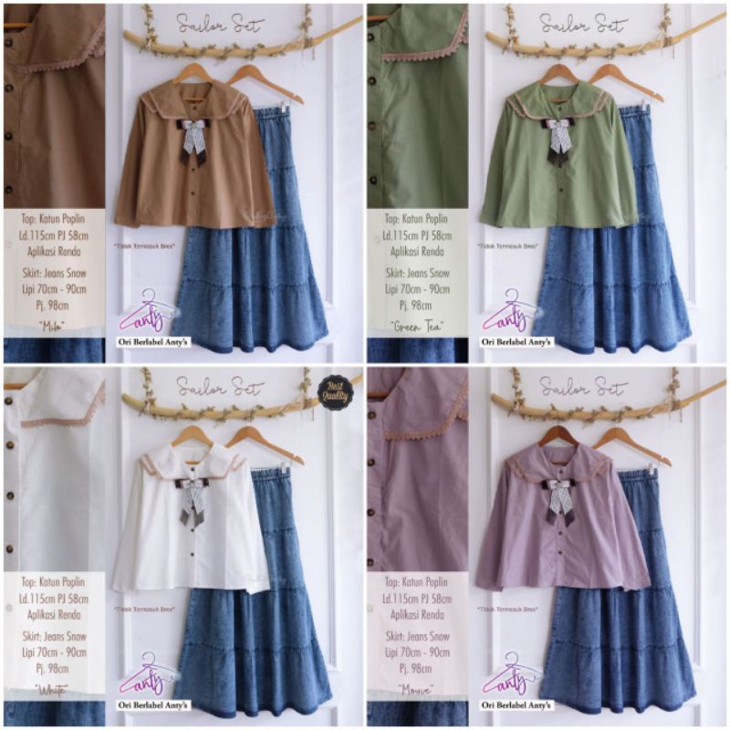 SET BLOUSE KATUN POPLIN SUPER LUCU ALA PELAUT / SAILOR + ROK JEANS SNOW PREMIUM SAILOR SET BY ANTY'S