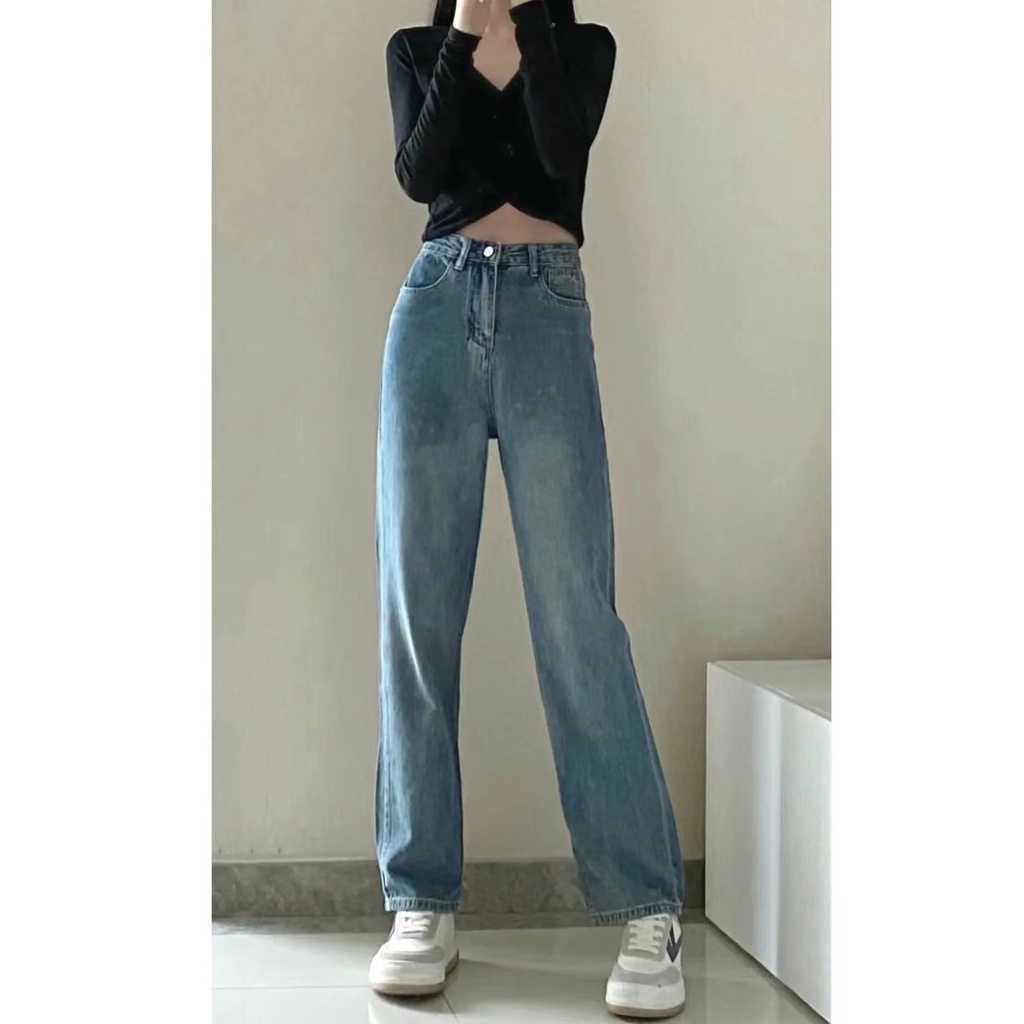 Celana Jeans Longgar Wanita Pinggang Tinggi Biru Retro Korea Baru