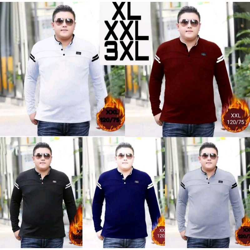 kaos jumbo lengan panjang pria | kaos big size kerah koko XL XXL XXXL