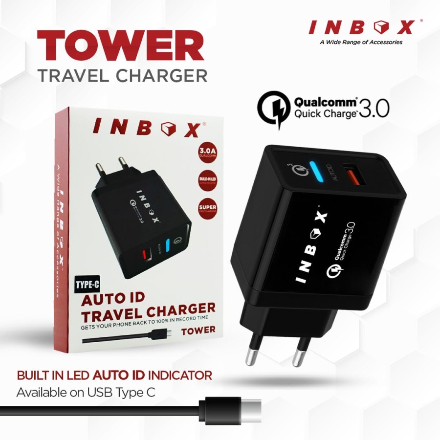 INBOX Charger TOWER AUTO ID Charger 3A QC 3.0 Fast Charging Free Kabel Data